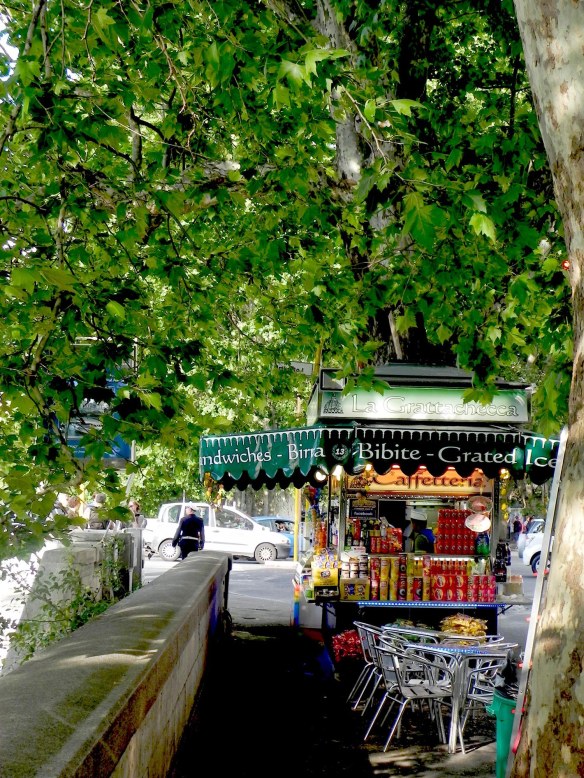 travel blog photography zooming onto a carriage street shop with food and drinks under green trees by the river
