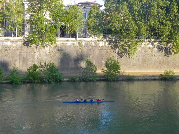 a group of people canoeing at tevere the river of rome
