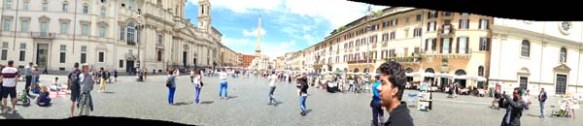 A man crossing Piazza Navona sqaure overview 