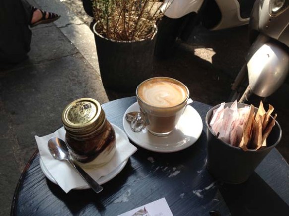 cafe latte and the best tiramisu in a jar
