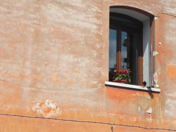 An orange wall with a small window with flower pots 