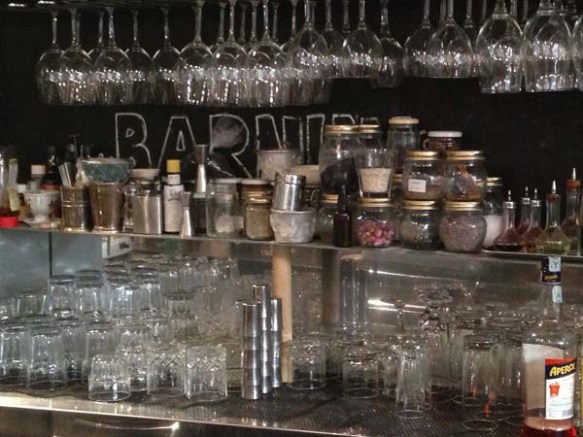 inside barnum sign behind the kitchenette 