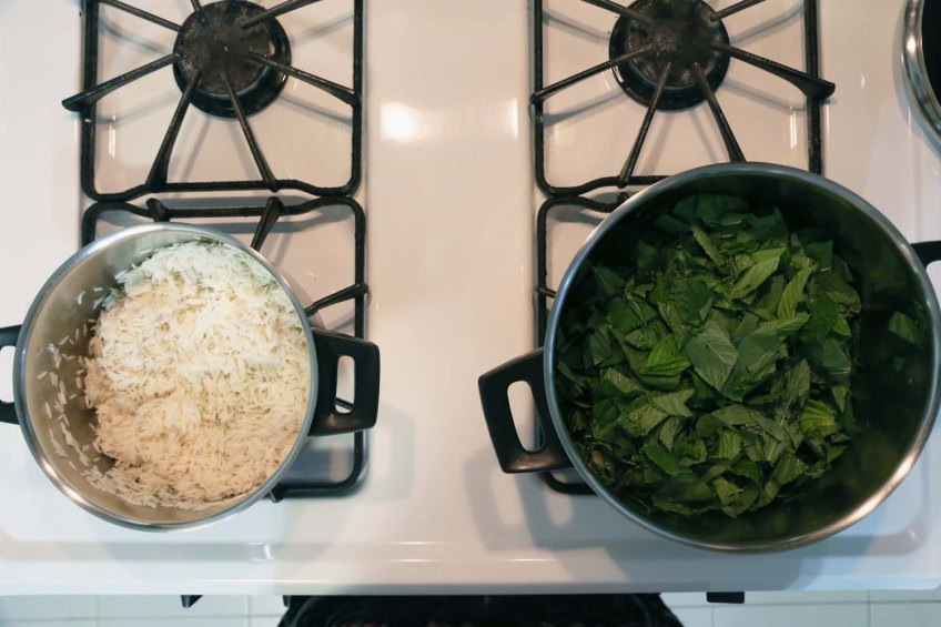 Making Molokhiah middle-eastern dish