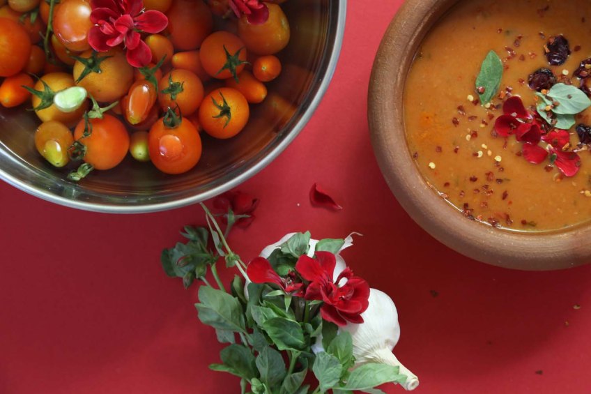 Tomato art styling and food styling with garlic and red flowers