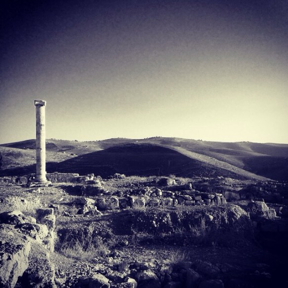 The historic ancient attraction in Jordan of the Mukawir Fortress Black and white
