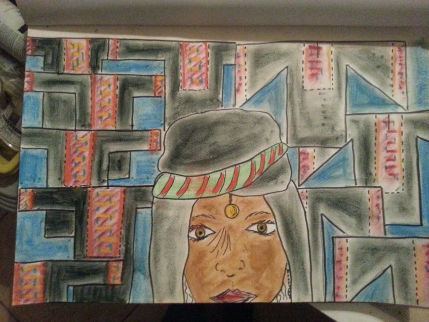 Drawing of an Arab woman with many traditional dresses