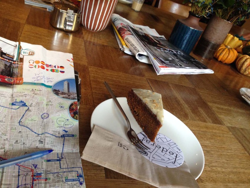 Carrot cake map camera and a coffee