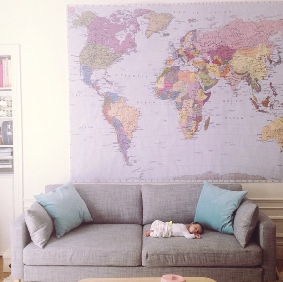 earth map, sofa, living room, baby
